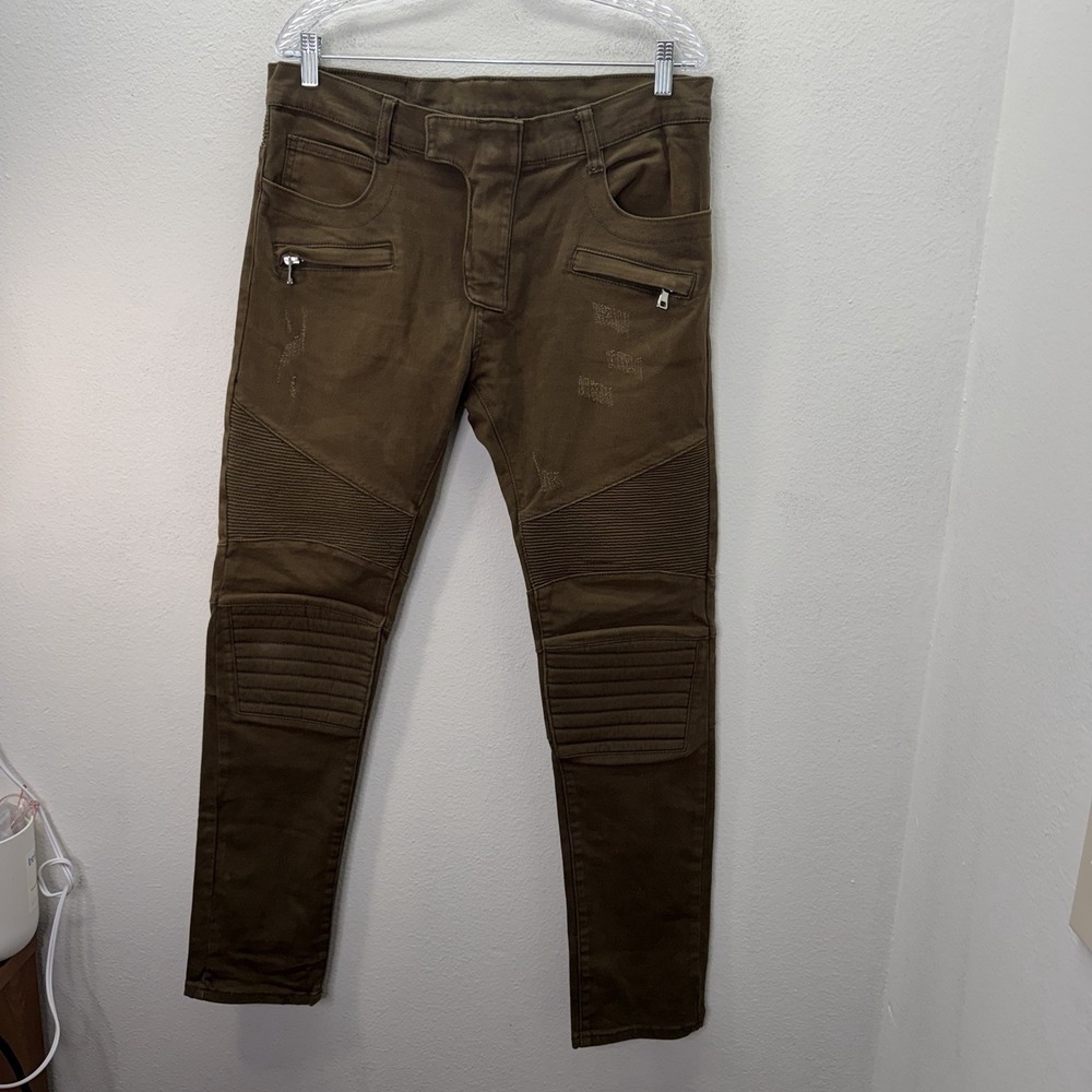 Balmain Paris Men's 34 Olive Brown Distressed Biker Moto Skinny Jeans Italy